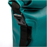 Jobe 50L Drybag backpack for paddling, rivers, lakes, beach. This is the close-up shot of the side compression strap and clip.